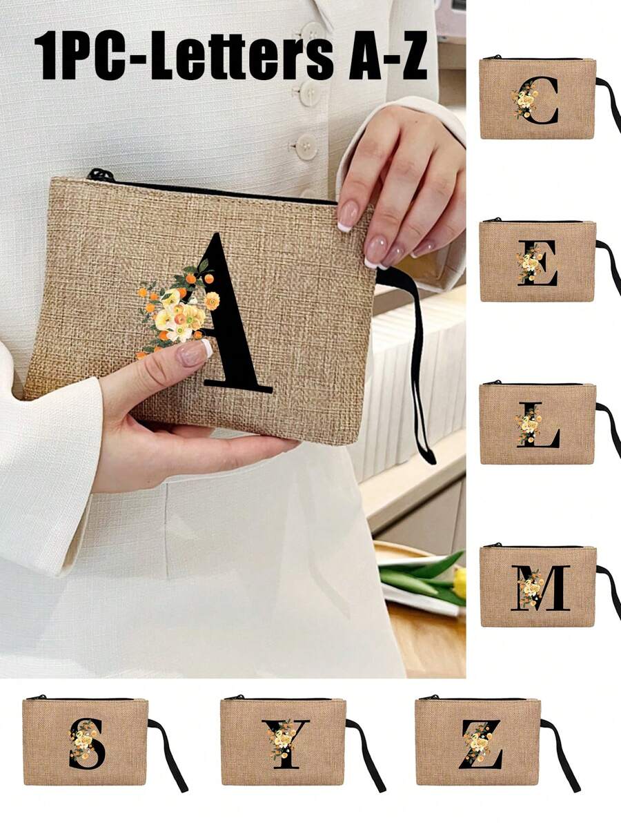 橙色花朵首字母 A-Z 亚麻拉链包化妆包适合生日礼物旅行收纳包:户外美容的完美选择!它是送给妈妈、老师、朋友、伴娘、学生、返校的礼物,适合女士钱包迷你钱包钱包钱包腕包钱包零钱包 - 卡其色 - 查看 1