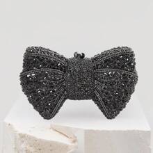 Bolso de mano de noche de lujo con forma de lazo para mujer, con brillantes diamantes de imitación, para banquete - Negro - Ver 1