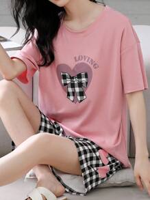 AICJ 女士 2 件套休闲宽松心形、格子、蝴蝶结、字母印花睡衣套装，短袖圆领上衣和短裤，舒适合身，春夏季，情人节的理想选择，两件套 - 粉色 - 查看 4