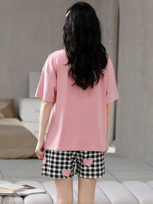 AICJ 女士 2 件套休闲宽松心形、格子、蝴蝶结、字母印花睡衣套装，短袖圆领上衣和短裤，舒适合身，春夏季，情人节的理想选择，两件套 - 粉色 - 查看 2