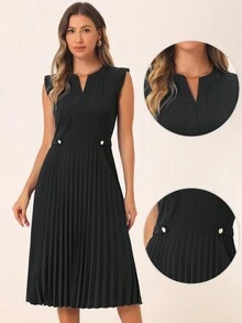 Women's Summer Dress Elegant Sleeveless V Neck A-Line Pleated Flowy Midi Dress - 黑色 - 查看 2