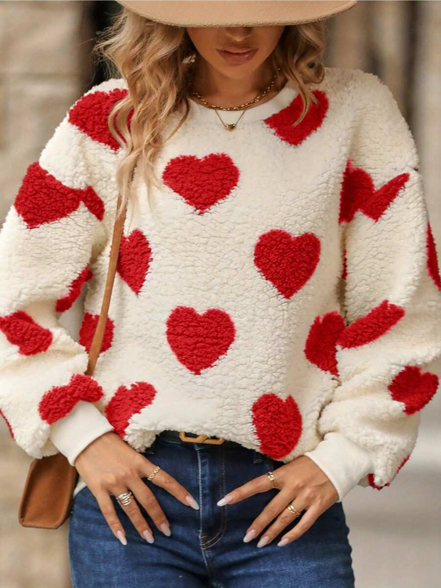 Women Heart Plush Sweatshirt, Long Sleeve Crew Neck Furry Hoodie Pullover Fall Oversized Tops Casual Valentine's Day Outfit - Đỏ - Xem 1