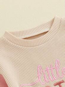 Newborn Baby Girl Clothes Letter Print Romper Waffler Long Sleeve Round Neck Contrasting Colors Summer Adorable Jumpsuit Little Sister Matching Outfits - Pink - View 3