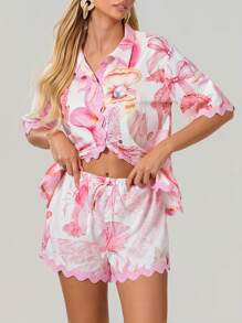 Women 2 Piece Shorts Sets Graphic Short Sleeve Button Shirt Wide Leg Lounge Shorts Outfit