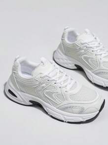 New Women Casual Sneakers, Chunky Sneakers, Shoes, White Shoes, Lace-Up Round Toe Mixed Material Breathable Versatile Printed Graffiti College Style Student Outdoor Hiking Casual Commuting Shoes