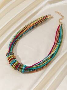 1pc Multicolor Layered Rice Pearl Beaded Bohemian Fashion Necklace - Colorful - View 2