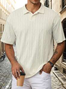 SANOPY Men's Polo Shirts Textured Short Sleeve Golf Shirt Openwork Casual Cuban Geometric Jacquard T-Shirt - 米色 - 查看 4