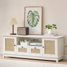 Rattan TV Stand For 65+ Inch TV Modern Entertainment Center Media Console Table Rattan TV Console With 2 Cabinets Boho Wood TV Cabinet Furniture With Storage And Doors For Living Room