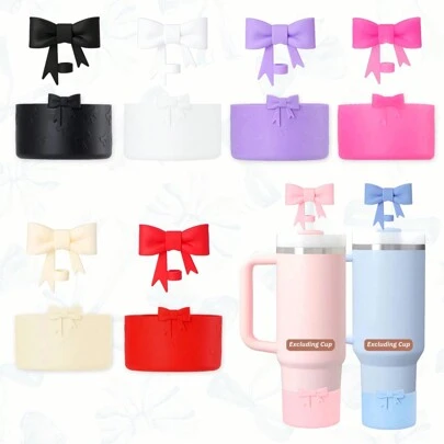 2 piezas de accesorios para tazas, 1 pieza de tapa de pajita con moño de silicona para tumblers de 30 y 40 onzas con funda de silicona con moño, útiles escolares