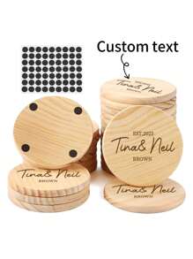 5pcs Personalized Text Customized Round Wooden Cup Coasters, Family Exclusive Coasters, Gift For Parents - Multicolor - View 1