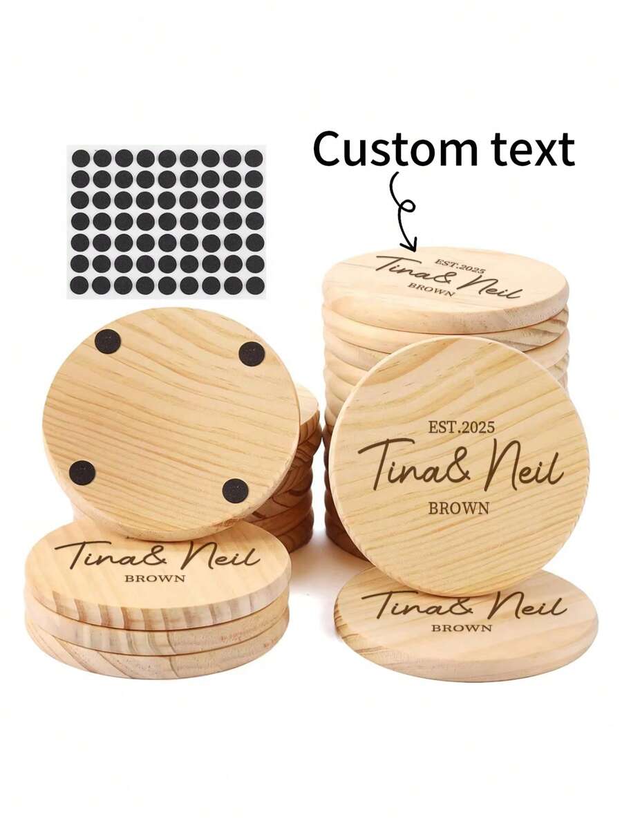 5pcs Personalized Text Customized Round Wooden Cup Coasters, Family Exclusive Coasters, Gift For Parents - Multicolor - View 1