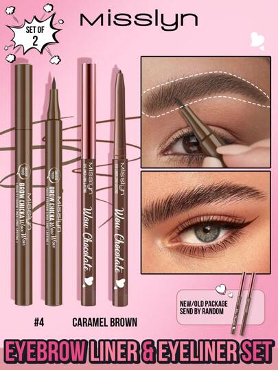 Misslyn 2 件套眉笔和眼线笔套装，持久的巧克力色眼线笔，奶油状，超着色且防水，打造粗体和明确的线条，纯素且无残忍，持久的液体眉笔，3 种颜色可供选择，打造自然妆容，易于涂抹，持久，防水，防晕染