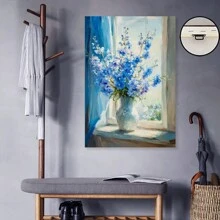 Blue Floral Canvas Print, Vibrant Delphiniums In White Vase, Window View, Bright Sunlight, Blue Drapes