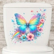 1 pieza Pegatinas de asiento de inodoro con mariposa colorida, decoración autoadhesiva de superficie cerámica con estampado animal, decoración desechable de baño con tema de mariposa y floral, tratamiento de superficie semibrillante, adecuado para decoración del hogar
