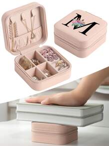 1pc Pink Jewelry Box, Fashion Travel Jewelry Box With Floral Letters, Personalized Gift Travel Jewelry Box Birthday Gift For Women Christmas Gift For Teen Girls Initials Travel Jewelry Box A-Z