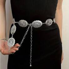 Oval Cutout Waist Chain Boho Style Silver Metal Belly Chain Vintage Decor Dress Belt Body Jewelry Alloy Waist Belt, Suitable For Spring, Summer, Autumn And Winter Summer, School Fall, Autumn, Halloween
