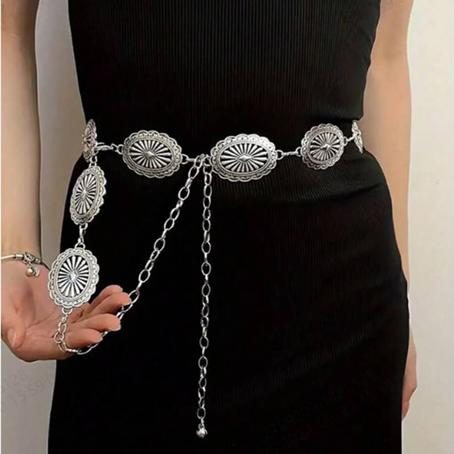 Oval Cutout Waist Chain Boho Style Silver Metal Belly Chain Vintage Decor Dress Belt Body Jewelry Alloy Waist Belt, Suitable For Spring, Summer, Autumn And Winter Summer, School Fall, Autumn, Halloween