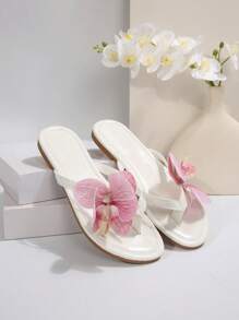2025 花朵装饰沙滩拖鞋，女式舒适平底休闲度假风格凉鞋，加大码 - 白色 - 查看 6