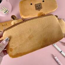 水豚笔袋可爱毛绒铅笔袋动物文具袋学校用品便携式零钱包 - 彩色 - 查看 6