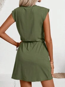 Women Solid Color Dress Short Sleeved Waist Cinched Slimming - Olive Green - View 2