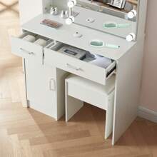 Modern Dressing Table W/ LED Lights Mirror Vanity Make Up Stool Set For Bedroom - White - View 5