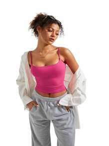 LKESRC Women's Sexy Square Neck Spaghetti Strap Tank Fashion Out Basic Solid Colour Top - Màu Hồng Tươi - Xem 2