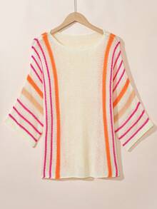 Sweater Rajut Longgar Wanita dengan Detail Garis-Garis, Kasual Musim Semi, Warna Putih - Putih - View 6