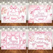 One Customizable Name-Printed Pink Bow Birthday Backdrop With Rose Gold Sequins On A White Background, Suitable For Birthday Parties, Baths, Adult Baths, Bridal Showers, Party Backdrops, Photography Banners, Vinyl Material. - Type B - View 1