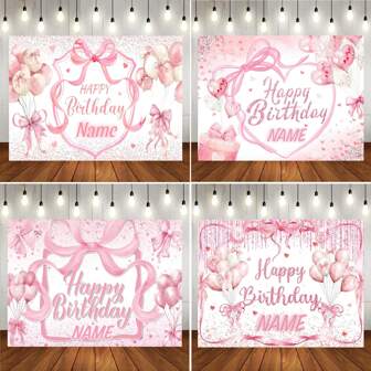 1pc Customizable Name Pink Bow Happy Birthday Background Fabric Rose Gold Glitter Sequins White Background For Birthday Bathing Adult Bathing Bridal Shower Party Background Decoration Photography Banner Vinyl