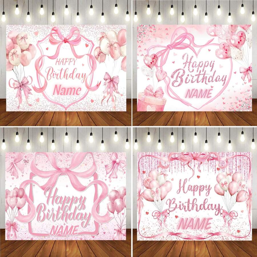 One Customizable Name-Printed Pink Bow Birthday Backdrop With Rose Gold Sequins On A White Background, Suitable For Birthday Parties, Baths, Adult Baths, Bridal Showers, Party Backdrops, Photography Banners, Vinyl Material. - Type B - View 1