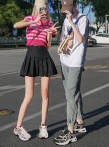 New Women Casual Sneakers, Preppy Style Chunky Sneakers, Lace-Up Round Toe Mesh & Leather Patchwork Breathable Versatile Platform Shoes, Graffiti Print, Suitable For School, Outdoor, Commuting