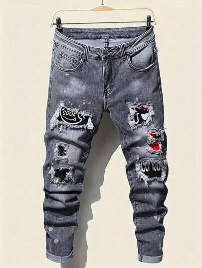 Teen Boy Pocket Fashionable Elastic Distressed Patch Denim Jeans (Patch Design Randomly Assorted)