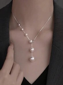 1pc Women's Exquisite S925 Sterling Silver Pearl Necklace, Minimalist Luxury Design Necklace Chain, Stylish Party And Birthday Gift