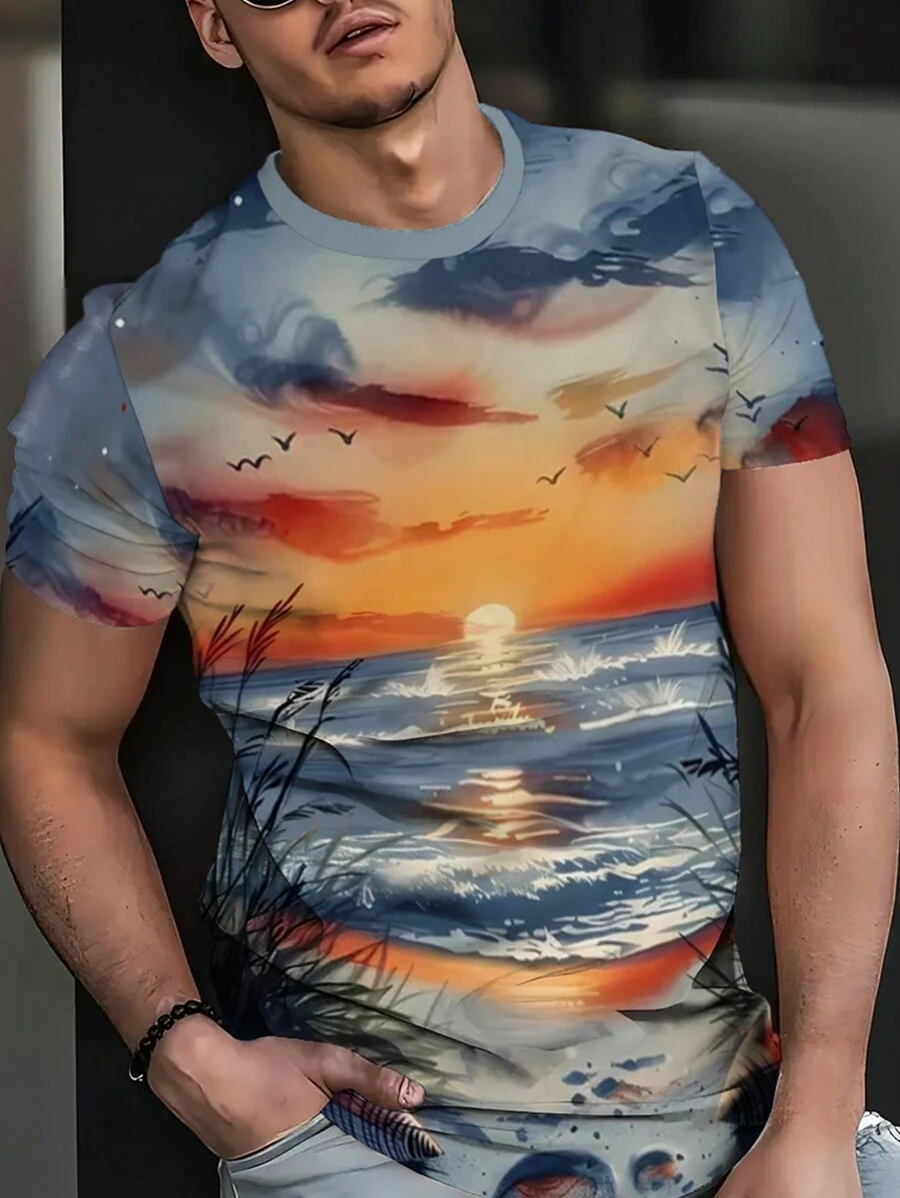 Explosive Men's T-Shirt Graphic Independent Yen Collar 3D Printed Men's Short Sleeve Europe And The United States - Multicolor - View 1