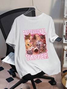 Lässiges Damen T-Shirt mit lockerem Schnitt und Katzen-Muster, geeignet für Sommer, Chinesisches Neujahrsfest, Mondneujahr, Jahr des Pferdes, Frühlingsfest, Frohes Neues Jahr, Valentinstag, Valentinstagsgeschenk, Geschenk für sie - Weiss - Übersicht 3
