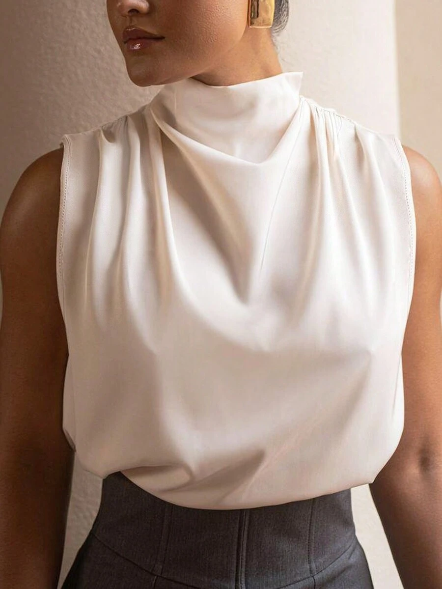 女士优雅纯色无袖休闲衬衫