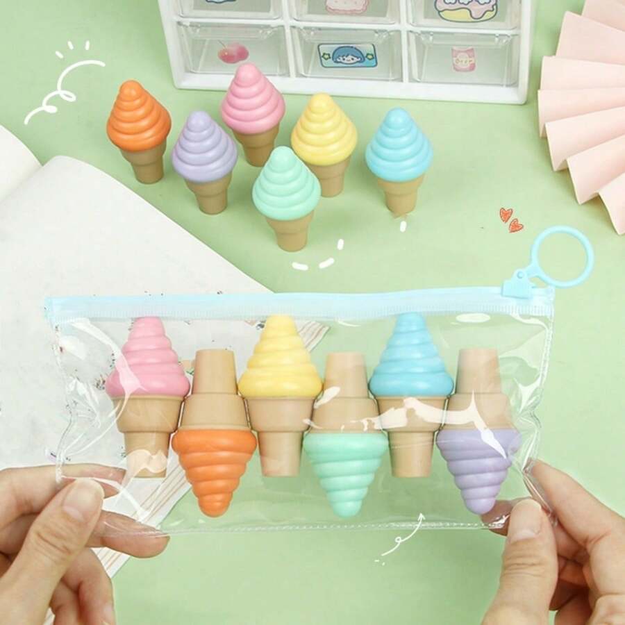 6 sztuk kreatywnych fluorescencyjnych markerów w kształcie lodów z kreskówek, przenośne mini zakreślacze, długopisy w kształcie lodów, odpowiednie dla uczniów, na powrót do szkoły, artykuły szkolne, urocze artykuły papiernicze, kolorowe pismo, uroczy zestaw artykułów szkolnych, prezenty urodzinowe/święta.