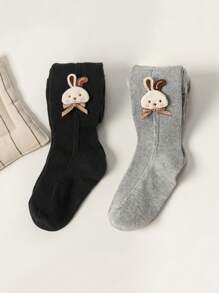 2pcs Girls Kids Striped Leggings, Solid Black And Grey, Cable Knit Pattern Footed Tights With Cute Rabbit Decor, Comfortable & Versatile For Daily Wear, Suitable For Spring, Autumn, All Season - Multicolor - View 3