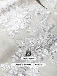 Mesh Cold Shoulder Embroidered Wedding Dresses Elegant White Bridal Gown - White - View 2