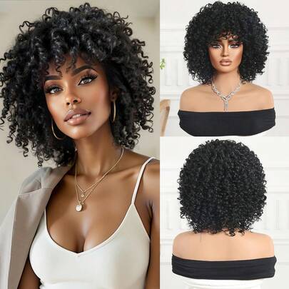 12英寸短卷发假发，黑色蓬松波浪形合成耐热纤维假发，女士适用，适合度假、聚会和日常佩戴