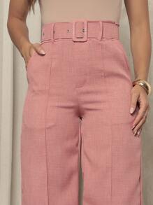 Women's Linen Material Trousers With Belt - Party Punch - View 4