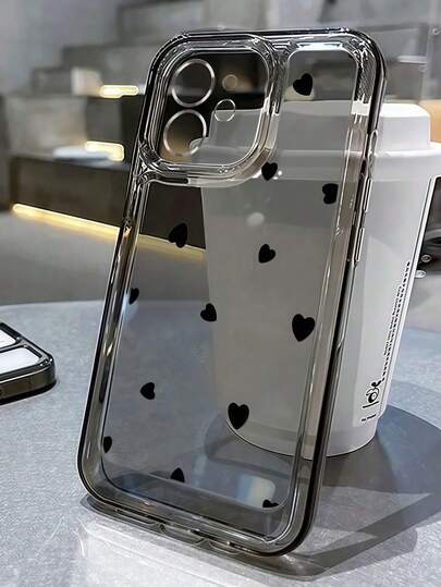 1pc Black Heart Pattern Transparent Protective Phone Case, Shockproof Full Cover Compatible With Iphone 11 12 13 14 15 16 Pro Max Waterproof Anti-Fall Scratch Resistant