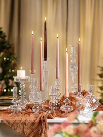 1 pezzo, Portacandele in cristallo di forma rotonda e allungata con strisce, dimensioni 3,1*8,5 ~ 4*13,6 pollici, elegante e minimalista per decorazione di casa, hotel e tavoli da matrimonio