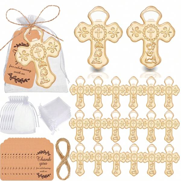 24pcs Christian Cross Bottle Opener Set With Sand Bags, Thank You Cards, Linen Ropes, Suitable As Gifts, Souvenirs, Decorations And Mementos For Weddings, Bridal Showers, Birthdays, Providing Wedding Favors And Gifts, Valentine's Day Gifts, Kitchen And Bar Supplies, Party Favors