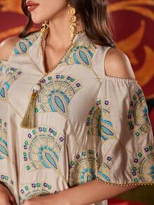 Women's Solid Color Stand Collar Elegant Embroidered Random Embroidery Special Feature Luxurious Arabic Style Dress - Apricot - View 8