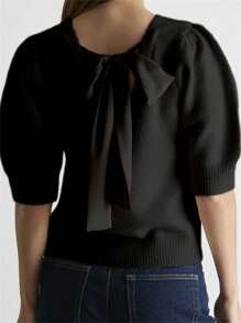 Women's Spring Autumn Knit Sweaters Half Sleeve O Neck Solid Color Bow Decor Casual Knitwear - Black - View 1
