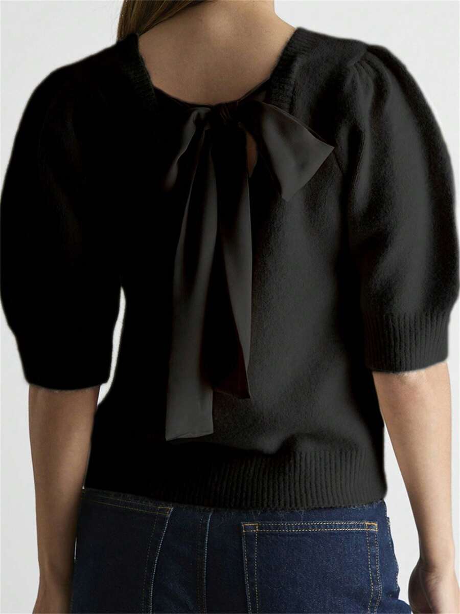 Women's Spring Autumn Knit Sweaters Half Sleeve O Neck Solid Color Bow Decor Casual Knitwear - Black - View 1