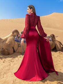 Faeriesty Women's Elegant High-Neck Floor-Length Gown – Sheer Puff Sleeves With Beaded Sequin Accents, Satin Mermaid Fishtail Skirt For Date Nights, Formal Evening Dinners, Valentine's Day, And City Strolls - Burgundy - View 3