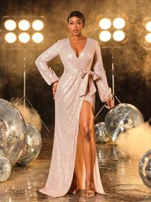 Faeriesty Glamorous Party Dress With Surplice Neckline, Lantern Sleeves & Sequin-Embellished Belt, Elegant Evening Gown, Wedding Guest Dress, Formal Dress - Champagne - View 2