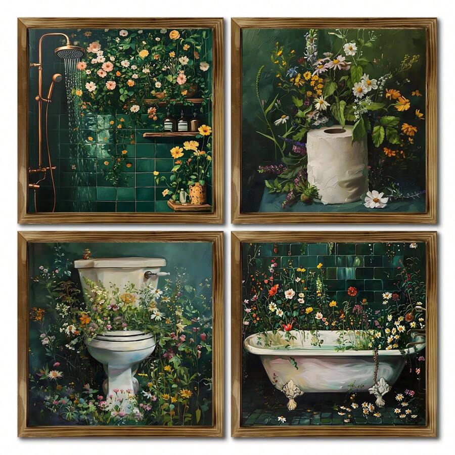 4pcs Wooden Framed Botanical Bathroom Wall Art | Floral Bathroom Wall Decor, Wild Flower Bathroom Print, Farmhouse Canvas Decor, Deep Green Print, Melancholy Plants, Floral, Vintage Painting, Bathroom Decor Gift, Birthday, Graduation - Multicolor - View 1